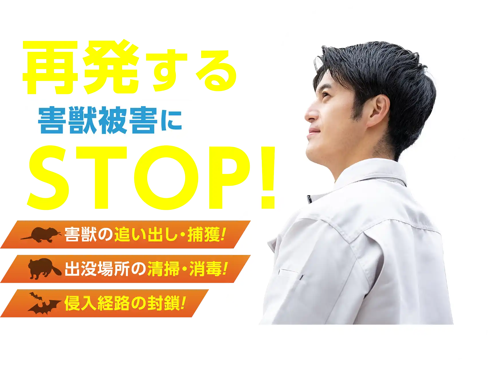 再発する害獣被害にSTOP！害獣の追い出し・捕獲！出没場所の清掃・消毒！侵入経路の封鎖!